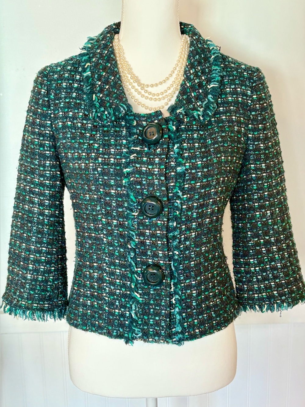 Ann Taylor Fine Italian Fabric Green Tweed Wool Fringe Crop Blazer 4